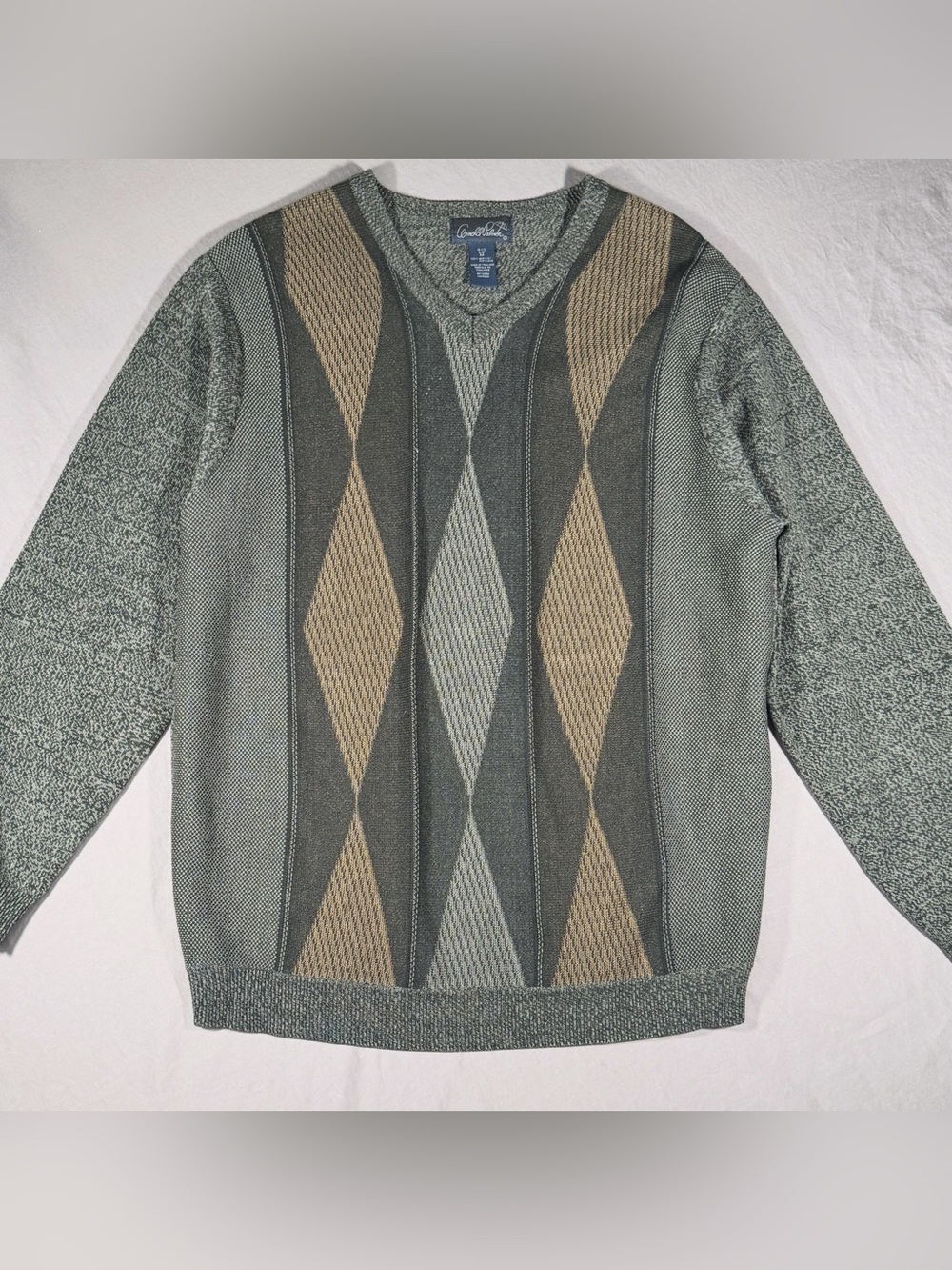 Arnold Palmer Grey Argyle Diamond V Neck Golf Sweater L Vintage